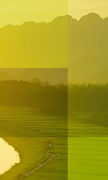 Sunrise over winding river and agricultural fields – Hogan Lovells Helion case study on renewable energy and sustainable investment.