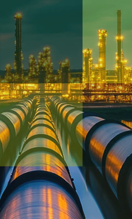 Oil and gas pipelines leading to illuminated refinery at night – Hogan Lovells ORLEN case study on energy sector financing and infrastructure.